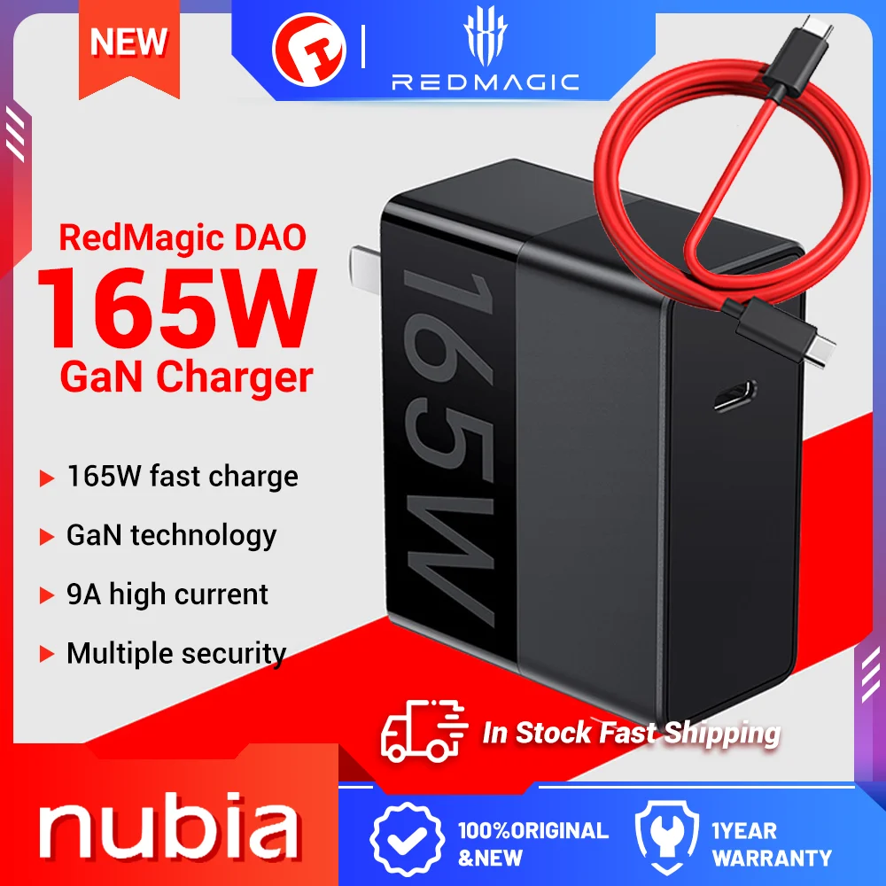 

Оригинальное зарядное устройство Nubia 165 Вт с одним интерфейсом, адаптер питания Gan, 9A 6A, игровой кабель USB Type-C к Type-C, кабель PD QC, Дата-кабель
