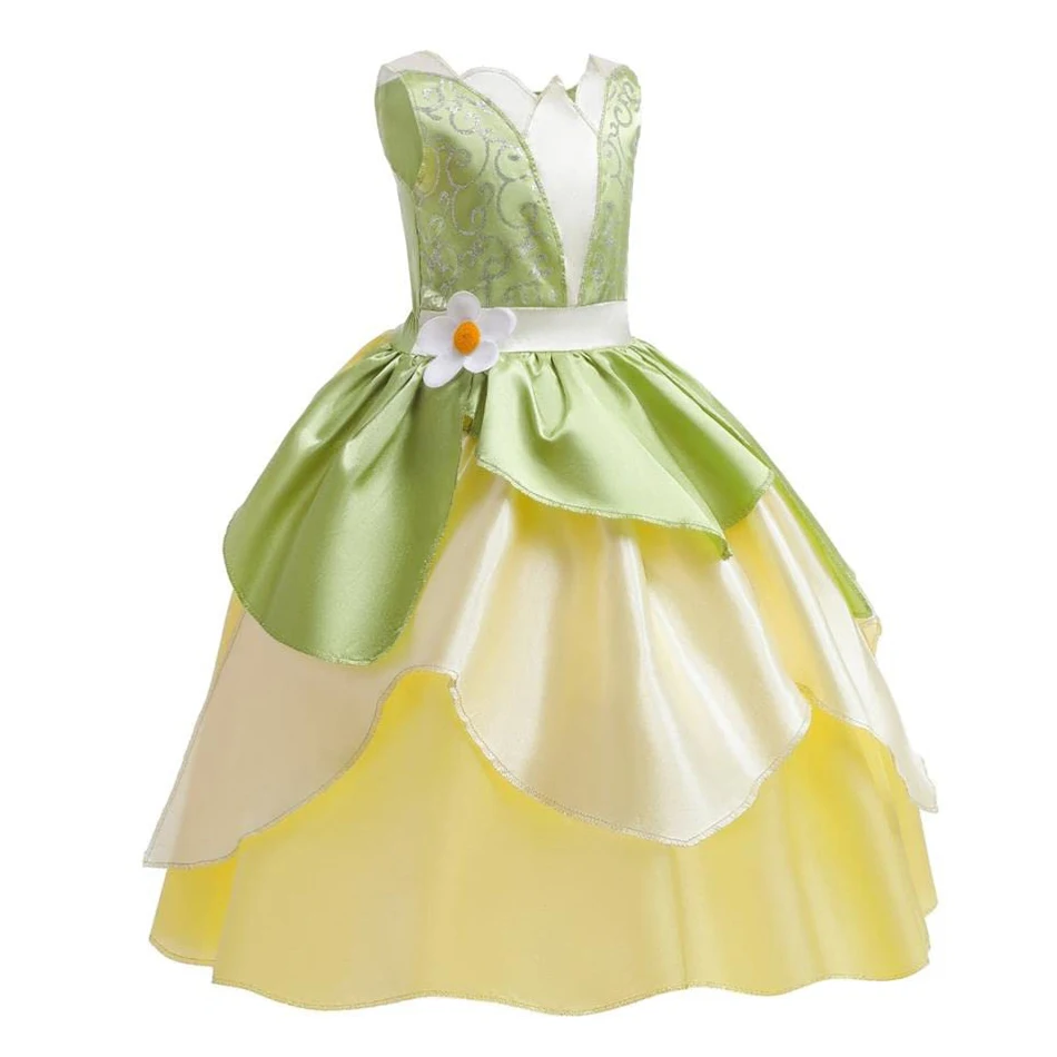 Tiana Princess Dress Girls Frog Cartoon Cosplay Costume Halloween
