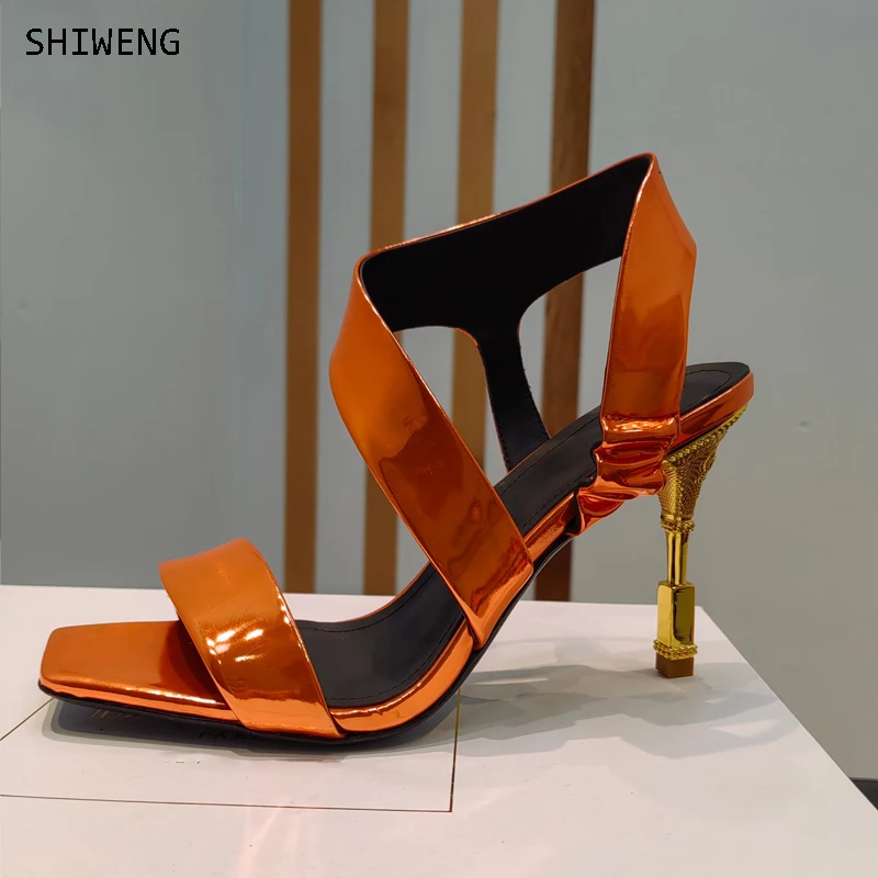 

2023 New Women Sandals Square Peep Toe Thin Heel High Heels Summer Fashion Metal Heel Sandals Elegent Dress/Wedding Heels 42