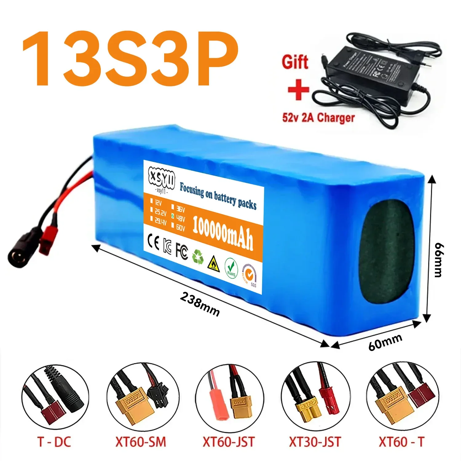 QmEna Batterie Li-ION Rechargeable 13S3P, Batterie De Vélo électrique Batterie Au Lithium 48 V 100Ah, Batterie De Vélo électrique 48 Volts Scooter électrique XT60 Plug