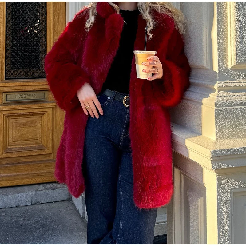 Luxury Women's Red Faux Fur Long Overcoat Fleece Thick Warm Full Sleeve Lapel Cardigan Coat Winter Fashion Loose Outerwear