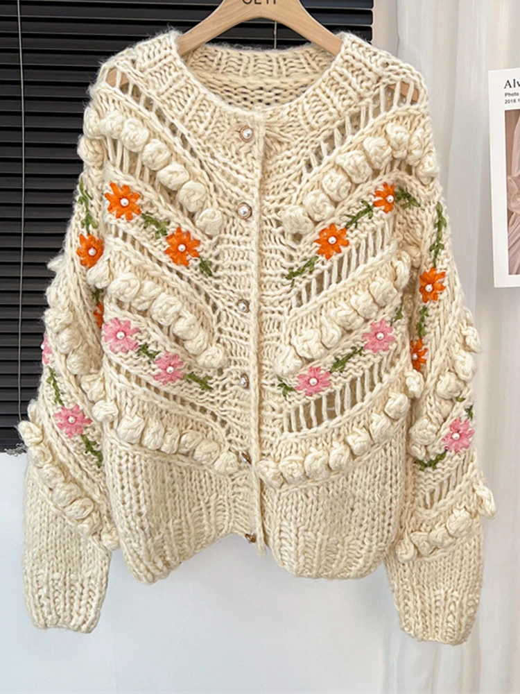 

High Quality Round Neck Single Breasted Knitted Cardigan Embroidered Flower Sweater 2023 New Fashionable Women'S Clothing