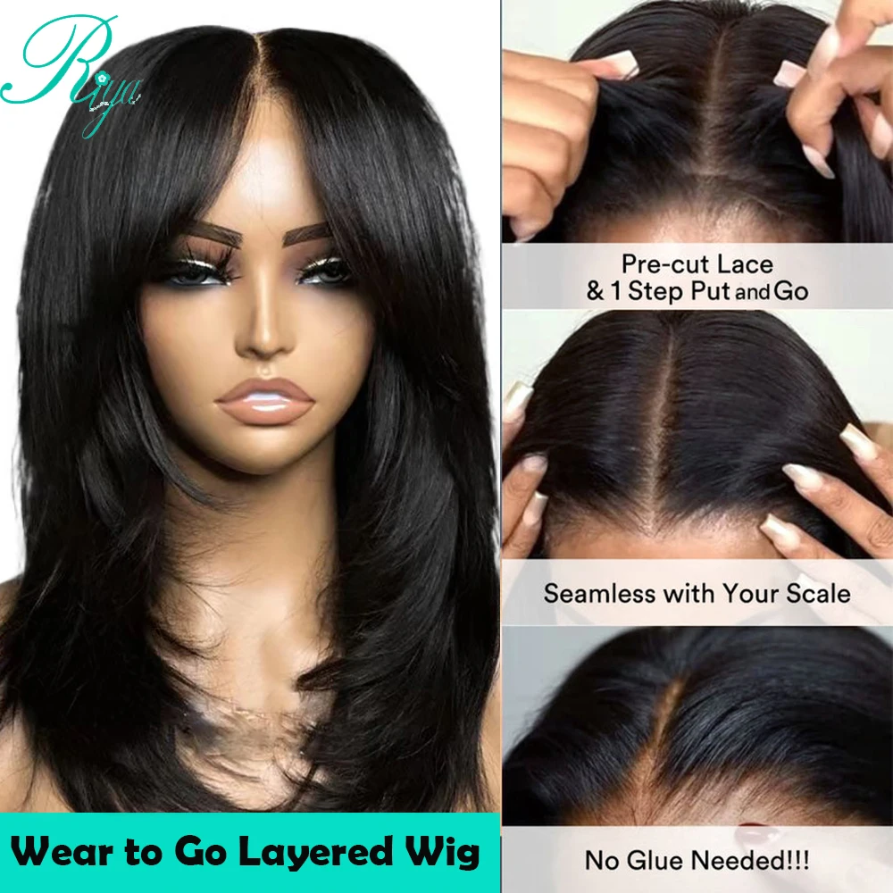Wear to Go Glueless Yaki Straight Human Wigs 7x5 Lace Closure Wig Inspired Layers With Curtain Bang 34 Inches Pre Cut Lace Wigs