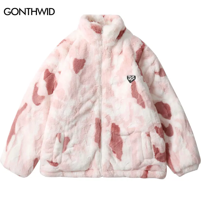 

Men Faux Fur Parkas Winter Jacket Streetwear Tie Dye Fuzzy Fluffy Thicken Warm Padded Coats Hip Hop Harajuku Fashion Casual Coat
