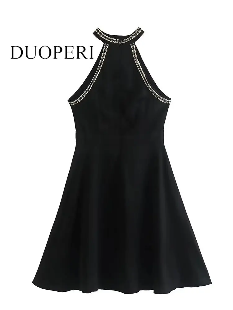 

DUOPERI Women Fashion Black Solid Back Zipper Mini Dress Vintage O-Neck Sleeveless Female Chic Lady Dresses