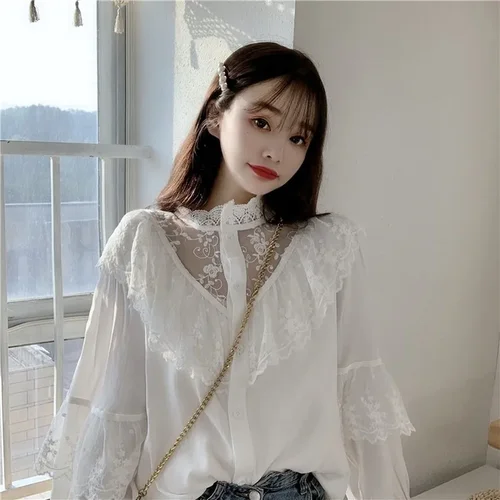 한국 러플 화이트 블라우스, 스탠드 칼라, 레이디 상의, 빈티지 긴팔 레이스 셔츠, 스위트 루즈 여성 의류, 패션 11335, 가을 2