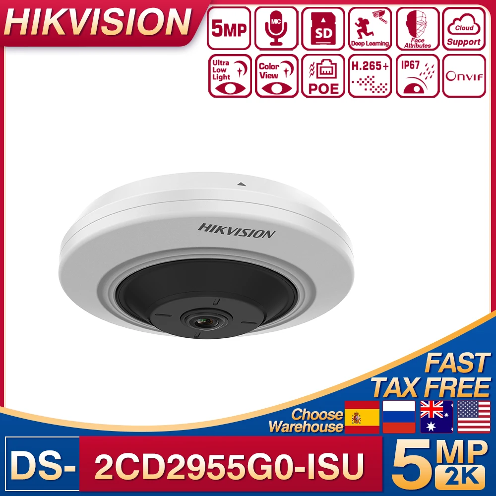 

Original Hikvision 5MP POE 180° View Fisheye IP Camera DS-2CD2955G0-ISU Audio Alarm I/O View Built-in Mic Dome Network Camera