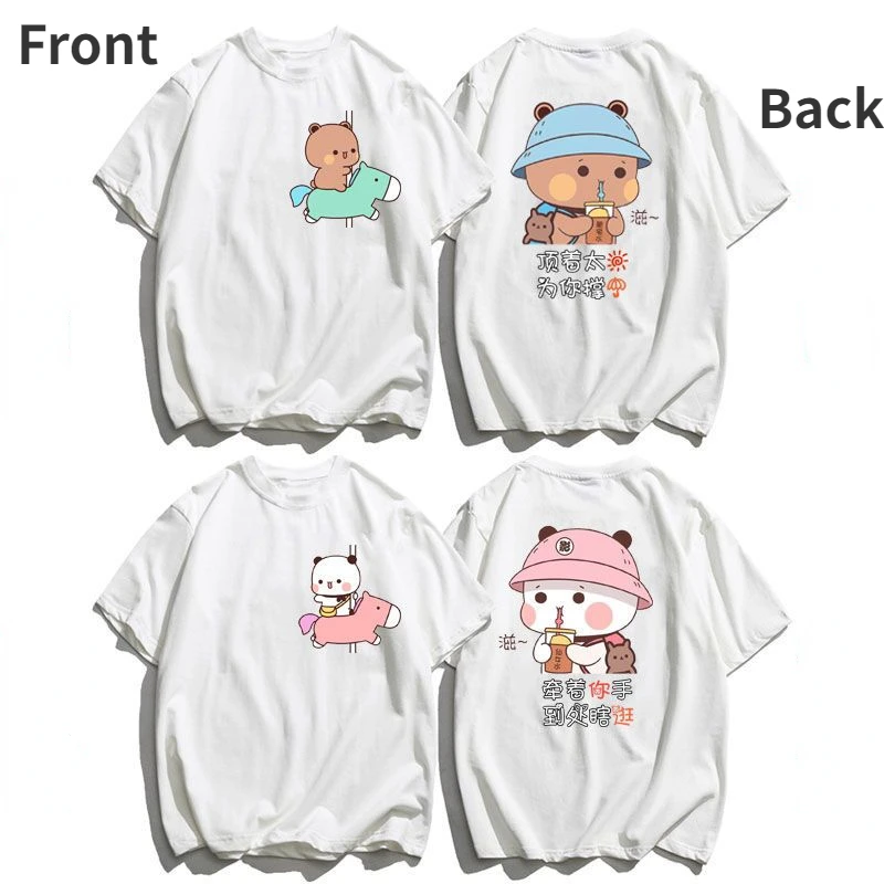 

2pcs Bubu And Dudu Couples Top Cartoon Panda Bear Printed Short Sleeved Blouse Kawaii Harajuku Women Men Shirt