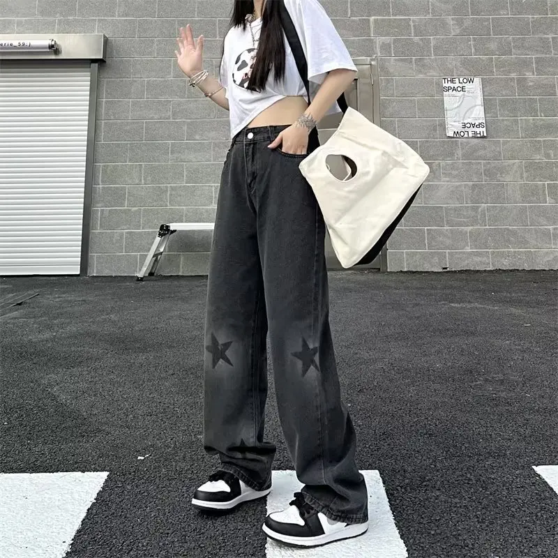 Pantalones vaqueros unisex para mujer, tallas S-5XL, holgados, básicos, de cintura alta, de pierna ancha, sencillos, con diseño de estrellas, estilo universitario Hrajuku Ulzzang