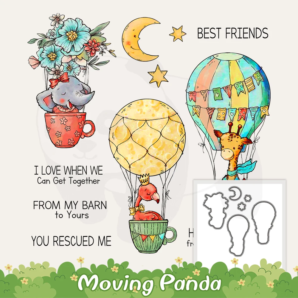 

Cartoon Animals On Hot Air Balloons Cutting Dies Clear Stamps DIY Scrapbooking Metal Dies Silicone Stamps For Cards Albums Decor