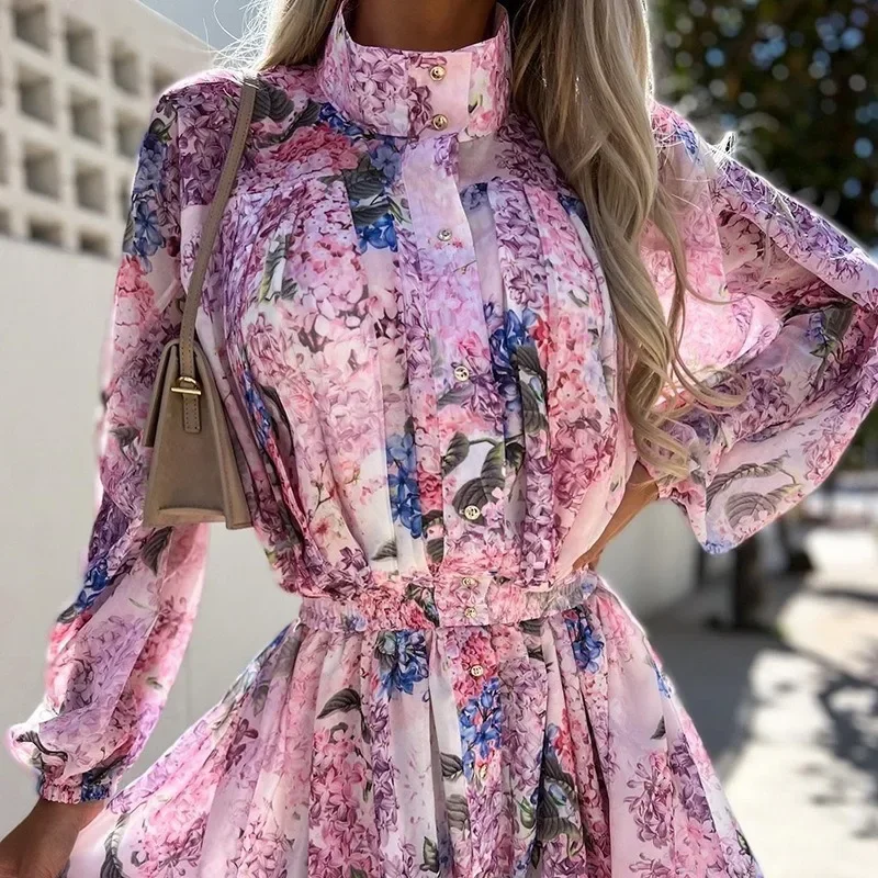 

Elegant Women Floral Print Corset Playsuit Y2K Chic Clothes Long Lantern Sleeve Stand Collar Button Bohemian Vacation Romper