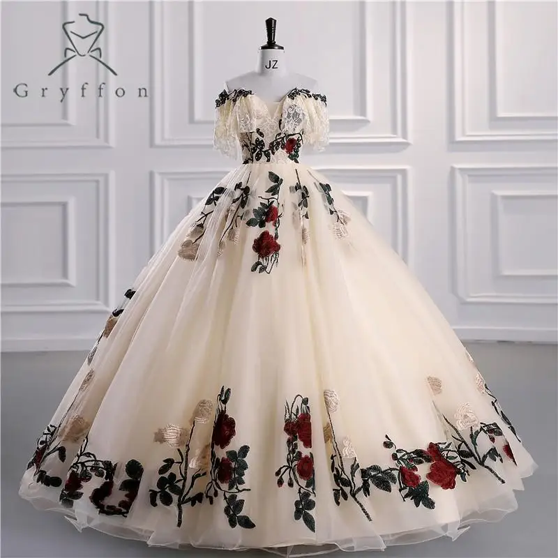 New Champagne Quinceanera Dresses Luxury Lace Party Dress Off The Shoulder Prom Ball Gown Plus Size Quinceanera Gown