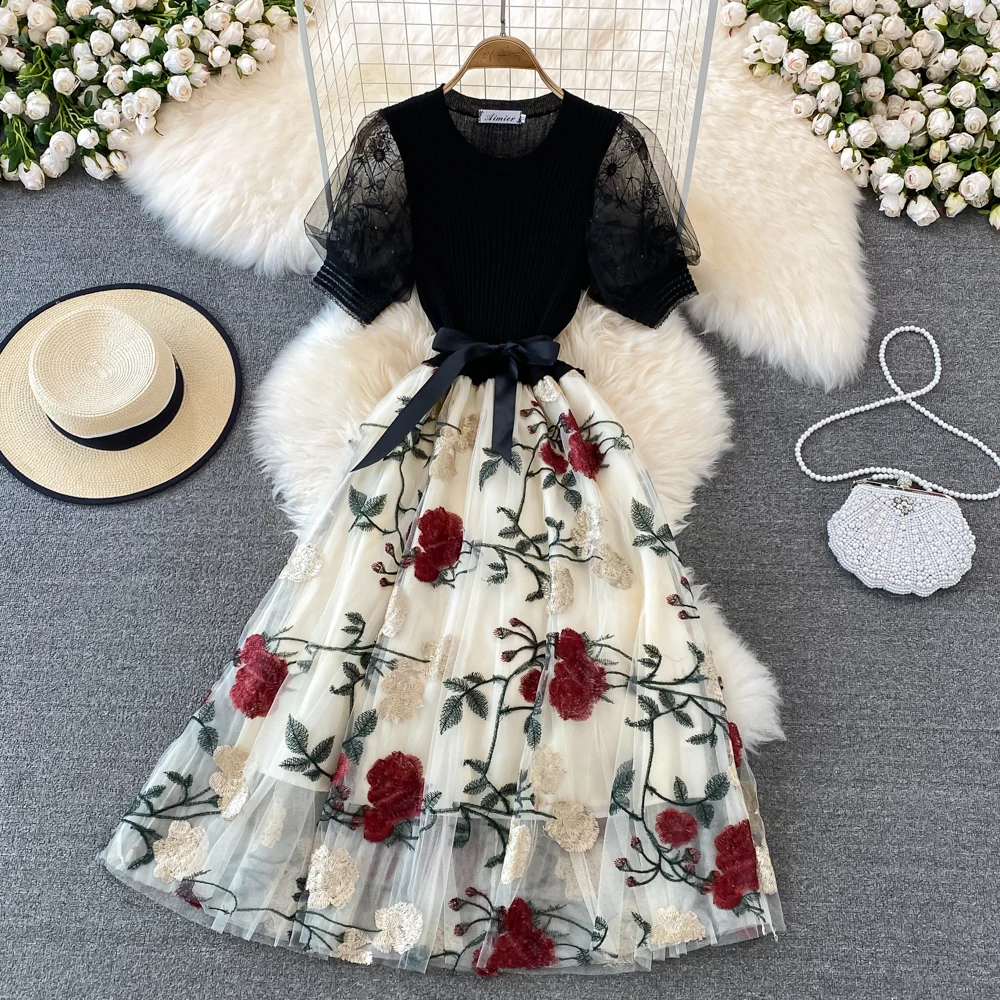 

Fake Two Piece Round Neck Knit Splice Mesh 3D Embroidery Flower Waist Wrap Show Slim Puffy Dress Summer