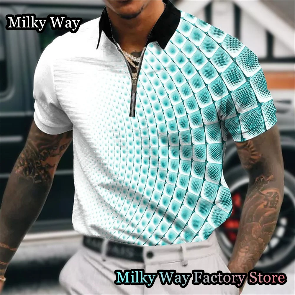 

Summer Men Fashion Polo Shirt Male Casual Turn Down Collar Zipper Tops Tees Gradient Color Clothing Male Golf Streetwear