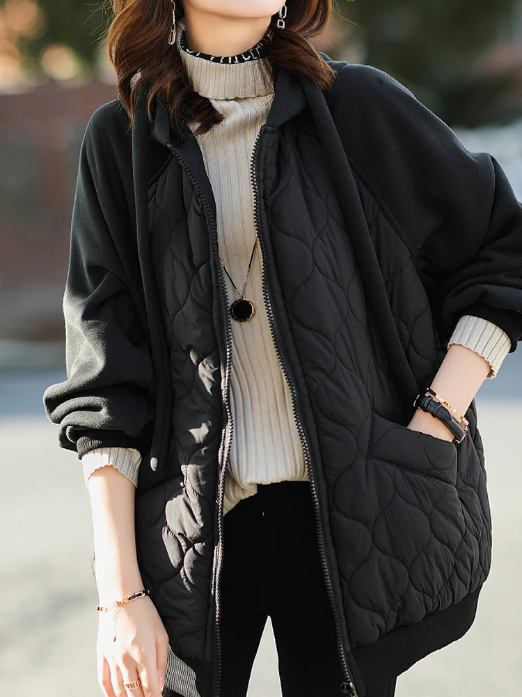 Fashionable Personalized Patchwork Hooded Cotton jacket New Autumn Winter 2023Zipper Thick Coat Loose Versatile Refined Warm Top