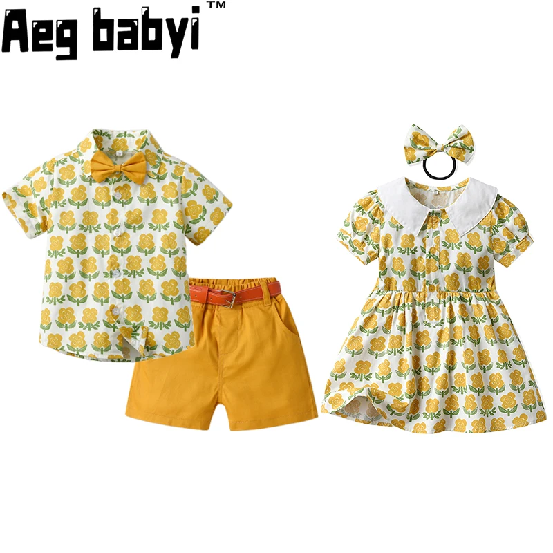 

Summer Baby Clothes Set Boys and Girls Matching Outfit Baby Boys Gentleman Suit+Princess Girls Dress Family Brother Sister Twins