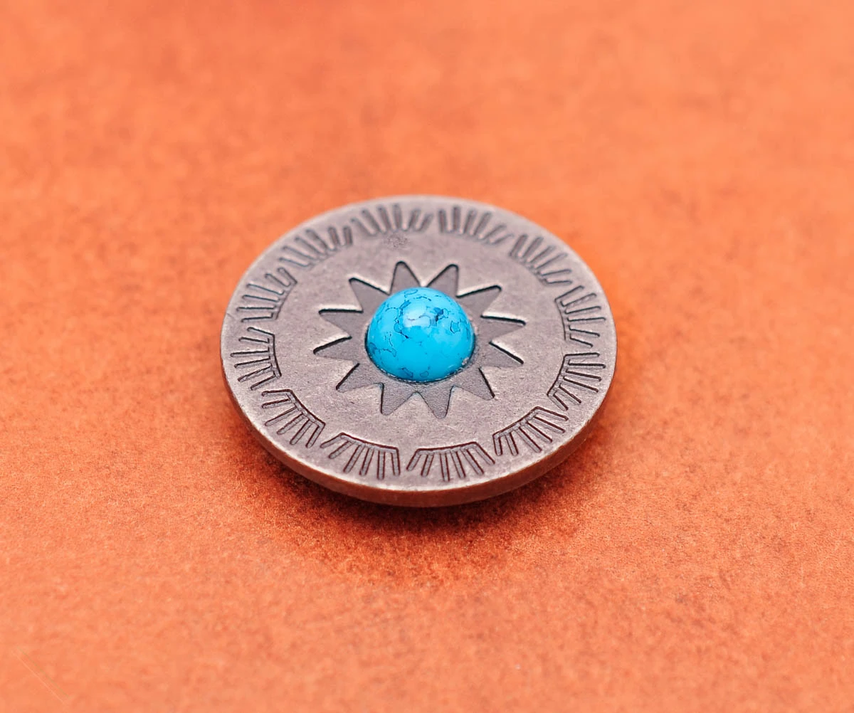 10 Stück 30 mm Antik Silber Ethno Sonne Totem Blume Lederhandwerk Gürtel Zubehör Hardware Himmelblau Türkis Concho Screwback – Detail 6