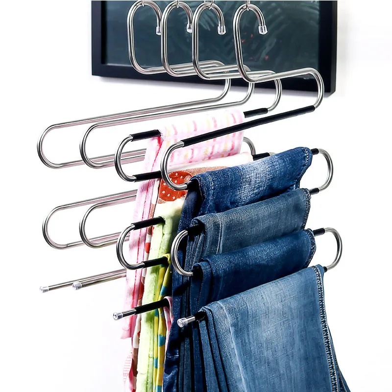 

3 Pcs /Lot Pants Hangers Space Save S-Shape 5 Layers Trousers Hangers Stainless Steel Clothes Closet Storage Organizer for Jeans