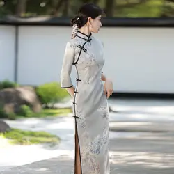Cheongsam Dress Women's Plus Size 2022 Spring Deerskin Velvet Prints Splicing Traditional Chinese Style Slim Qipao Dresses Woman
