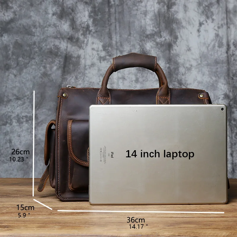 NZPJ Vintage Genuine Leather Men's Briefcase Crazy Horse  Handbag Natural Cowhide Travel Bag Casual Shoulder Crossbody Bag