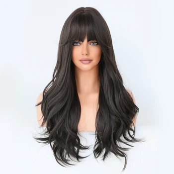 Long Wavy Wig Light Brown Synthetic Wigs with Bangs Natural Hair for Women Cosplay Lolita Daily Use Heat Resistant Wigs 44