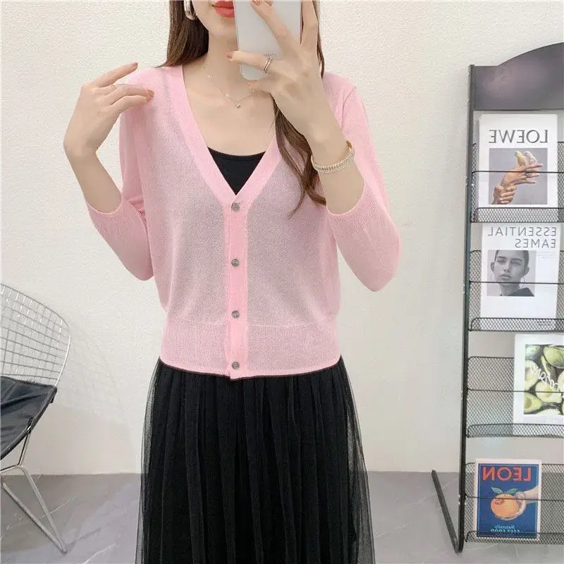 Spring/Summer Ice Linen Knitted Split Sleeve Cardigan Women's Versatile Office Air Conditioning Shirt Fashion Sunscreen Top