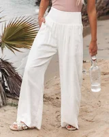 Elegant Retro Solid Baggy Pants Women Loose Elastic High Waist Pocket Vintage Linen Wide Leg Pants Streetwear Office Trousers - Image 5