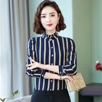 Fashion Striped Printing Shirt Tops Spring Summer New Long Sleeve Polo Neck All-match Slim Blouse Vintage Elegant Women Clothing 6