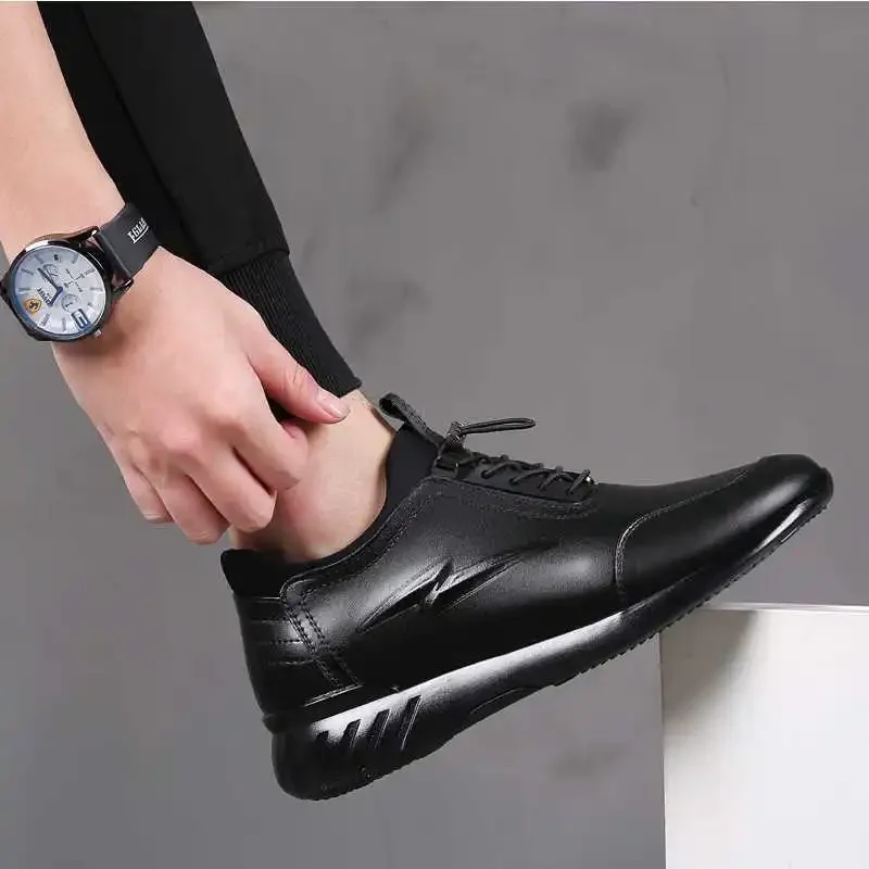 New Men's Vulcanize Shoes Men Casual Shoes Leather Design Shoes Height Increase 8Cm Gym Business Fashion Male Sneakers New Black 4