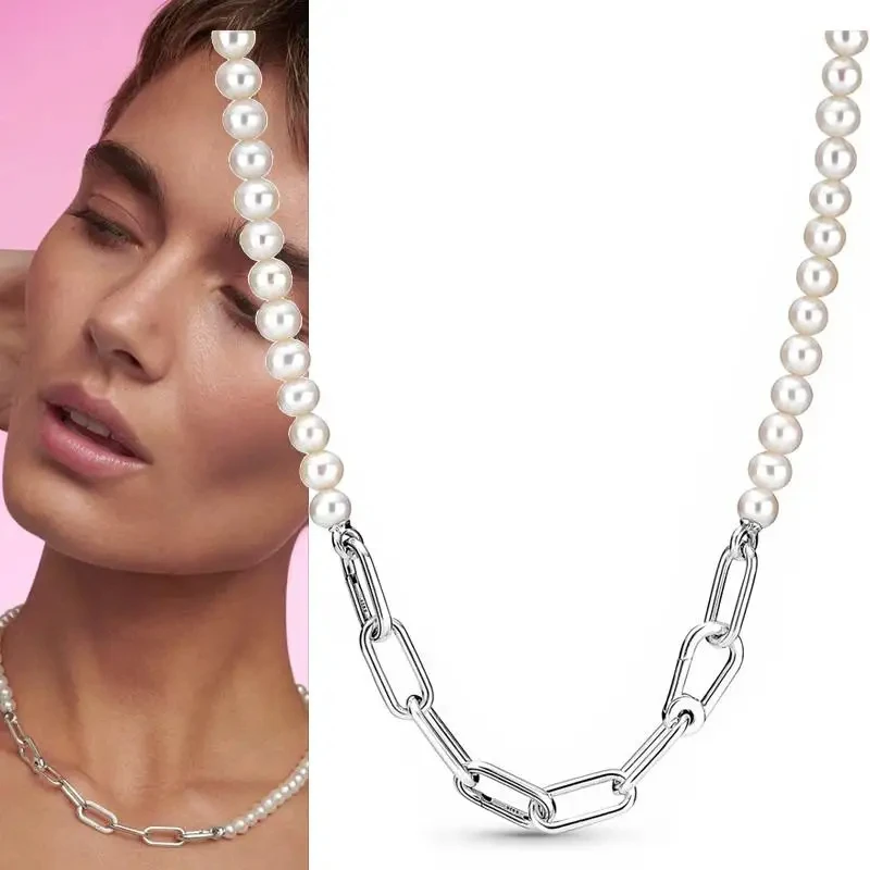 New Women's Original Logo ME Series Beaded Double Layer Chain and Pearl Necklace 925 Sterling Silver DIY Charm Jewelry Gift
