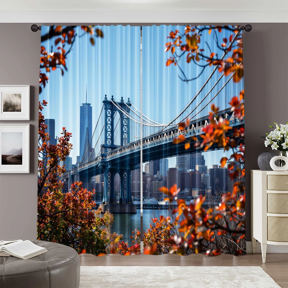 2pcs, 2D flat Party Curtains Bridge and New York Skyline Durable Polyester,Without Electricity Party Decorations Suitable for 2