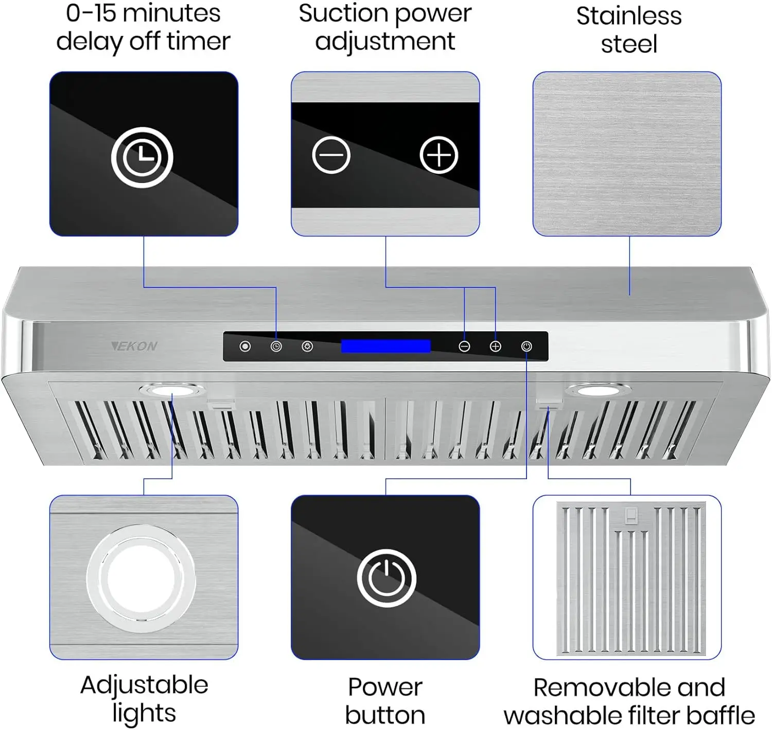 36 inches Under Cabinet Range Hood, 900 CFM Stainless Steel Kitchen Chimney Vent, 4 Speed Touch Screen Control With Remote 5
