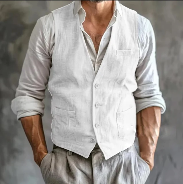Gilet Uomo In Lino Estivo - Scollo A V Stile Vintage, Formale E Alla Moda, Vestibilità Regolare - Foto 8