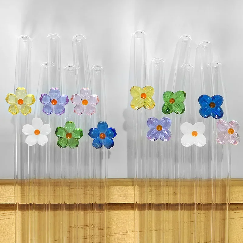 Flower Drinking Straw Set 6pcs High Borosilicate Glass Bent Straws Set with Brush Milk Shake Coffee Cocktail Straw Bar Drinkware