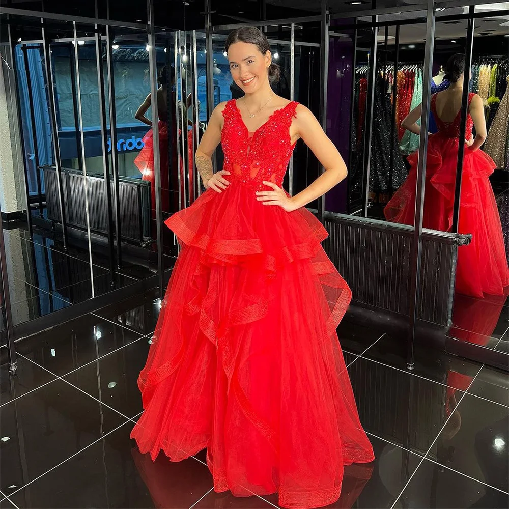 

Sevintage Red Ruffles Tulle Prom Dresses Beadings Lace Appliques Sleeveless A-Line Arabic Muslim Evening Dress Formal Party Gown
