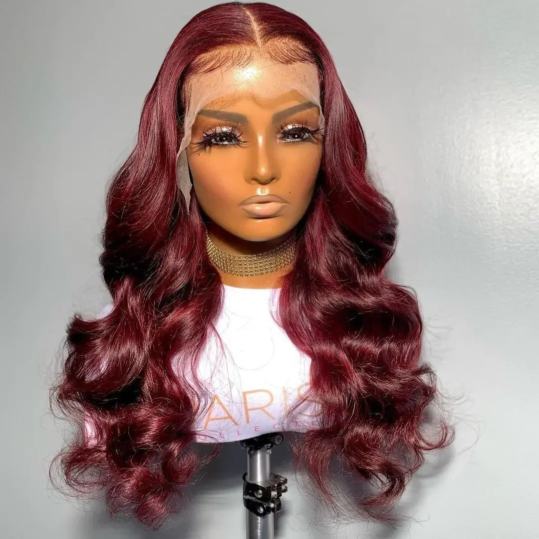 

99j Soft 26Inch 180Density Burgundy Body Wave Lace Front Wig For Women Babyhair Heat Resistant Daily Preplucked Glueless Wig