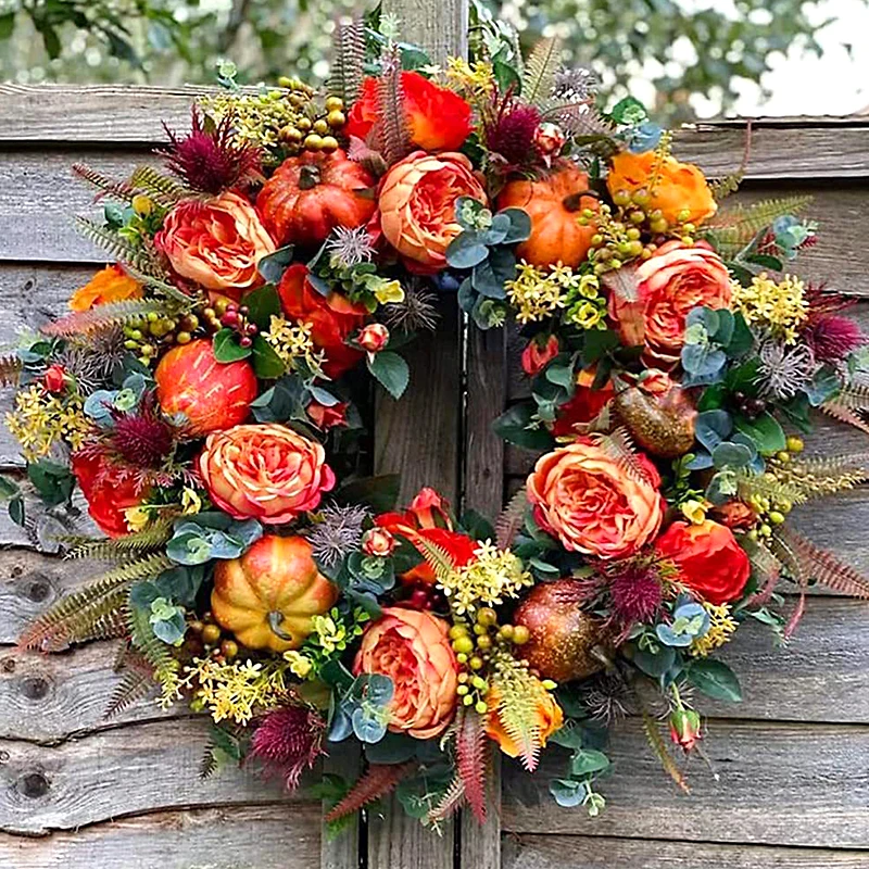 

1PC Handmade For Front Door Decoration Home Farmhouse Festival Celebration Peony and Pumpkin Wreath Thanksgiving High Quality