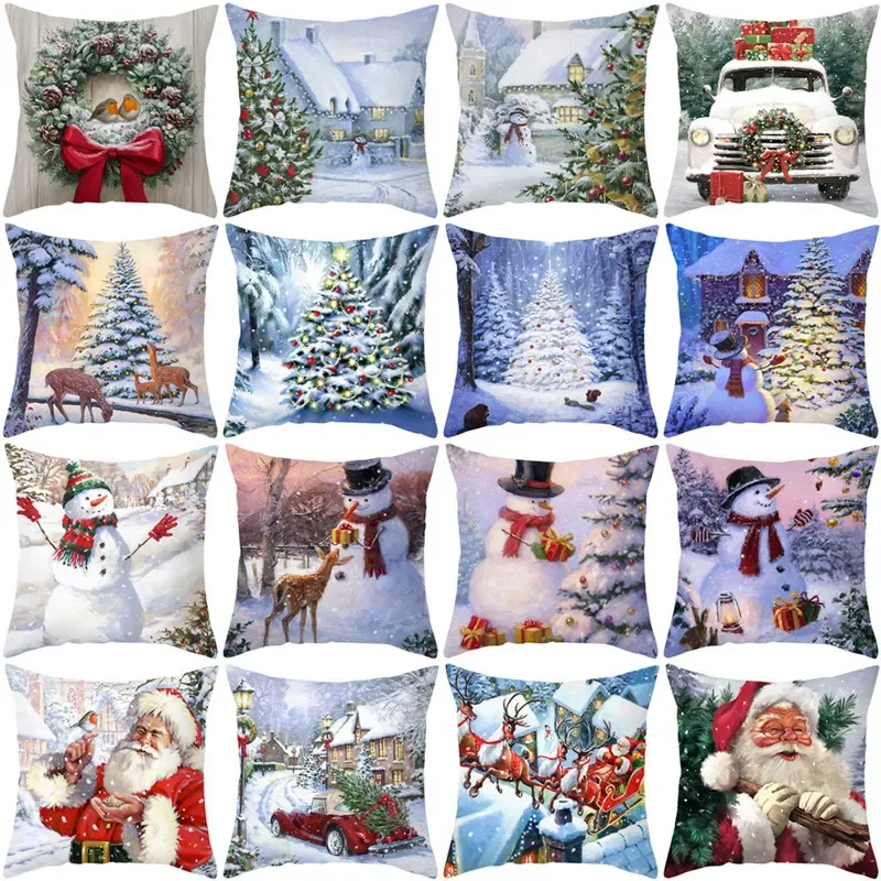 

40/45/50/60cm Christmas Garland Sofa Cushion Covers Living Room Decorative Pillowcase Christmas Tree Snowscape Pillow Cover