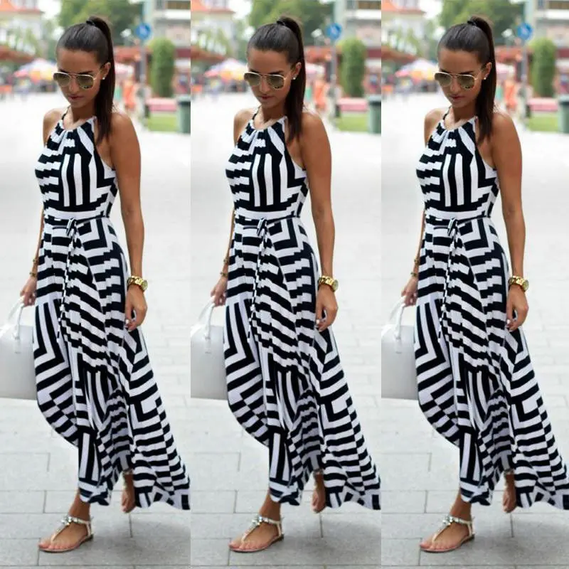 

Women Boho Long Dresses Summer Evening Party Beach Sundress Striped Ladies Sleeveless Clothes