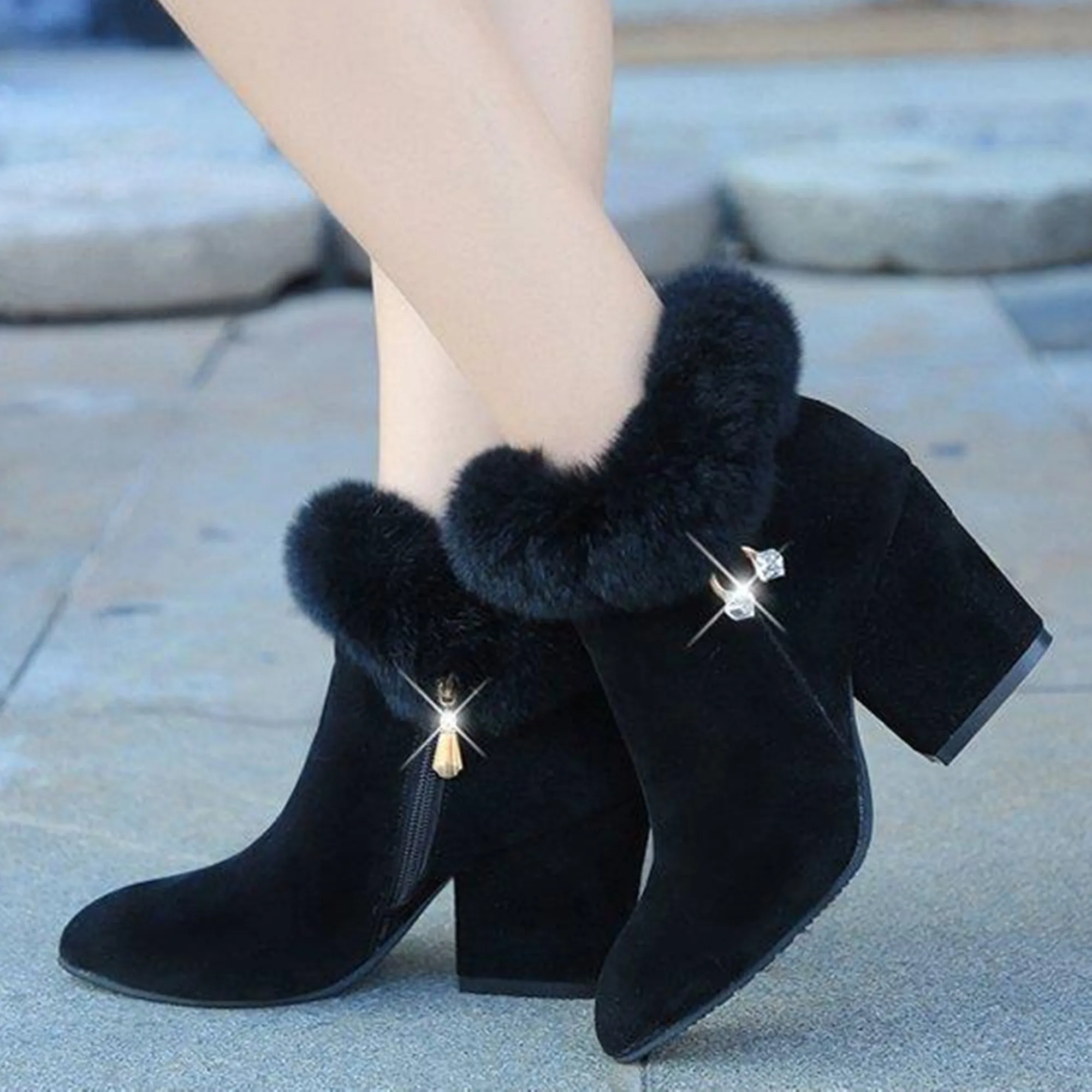 

ENMAYERMartin Boots Women's Autumn and Winter 2023 New Arrival Side Zipper Tassel Rhinestone High Heel Ankle Boots Women