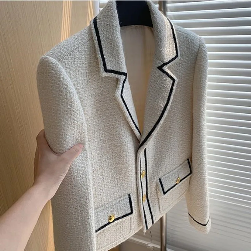 

Elegant Winter Autumn Contrast Color Tweed Short Jackets French Style Single Breasted Wool Outwear