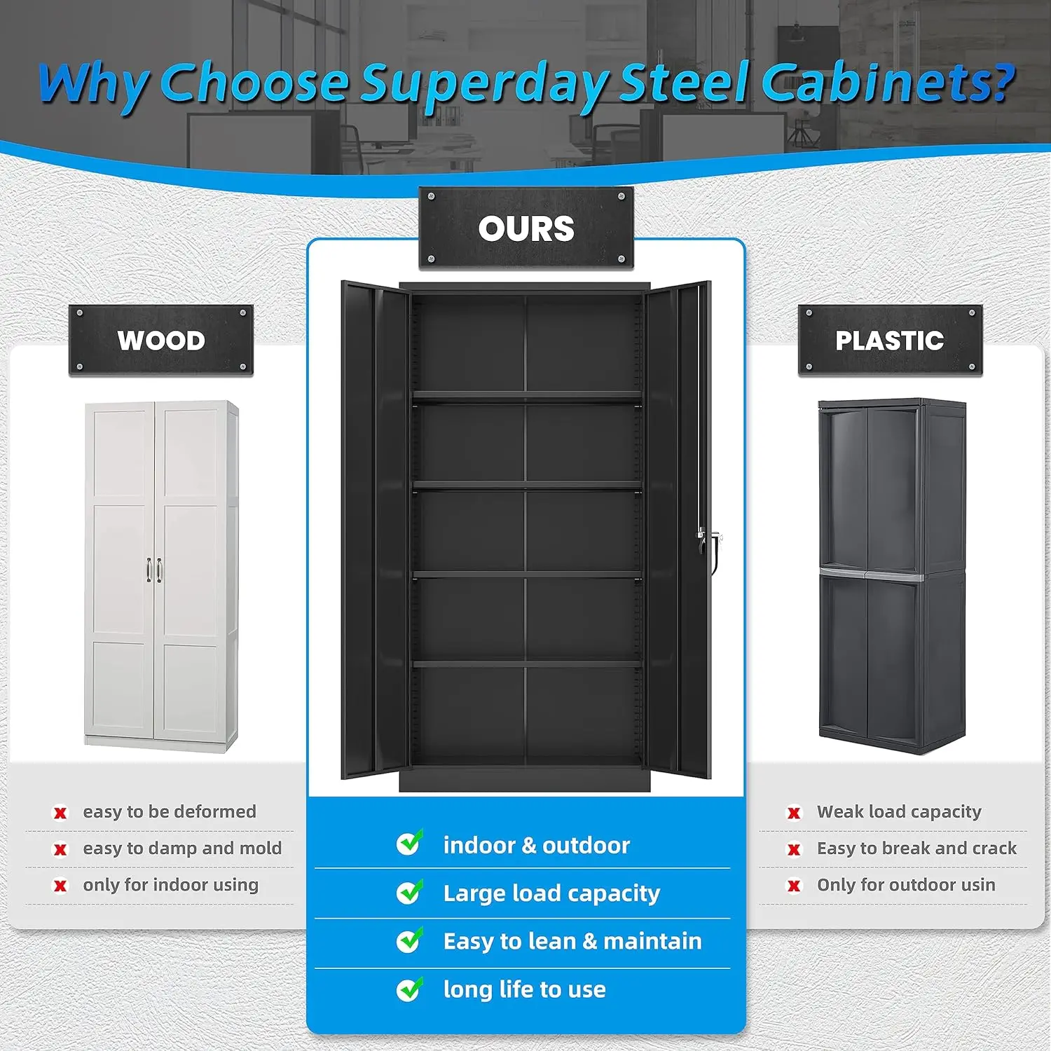 Lockable Storage Cabinet, 71" Garage Storage Cabinets with Lock, Black Metal Cabinet with 2 Doors and 4 Adjustable Shelves 4