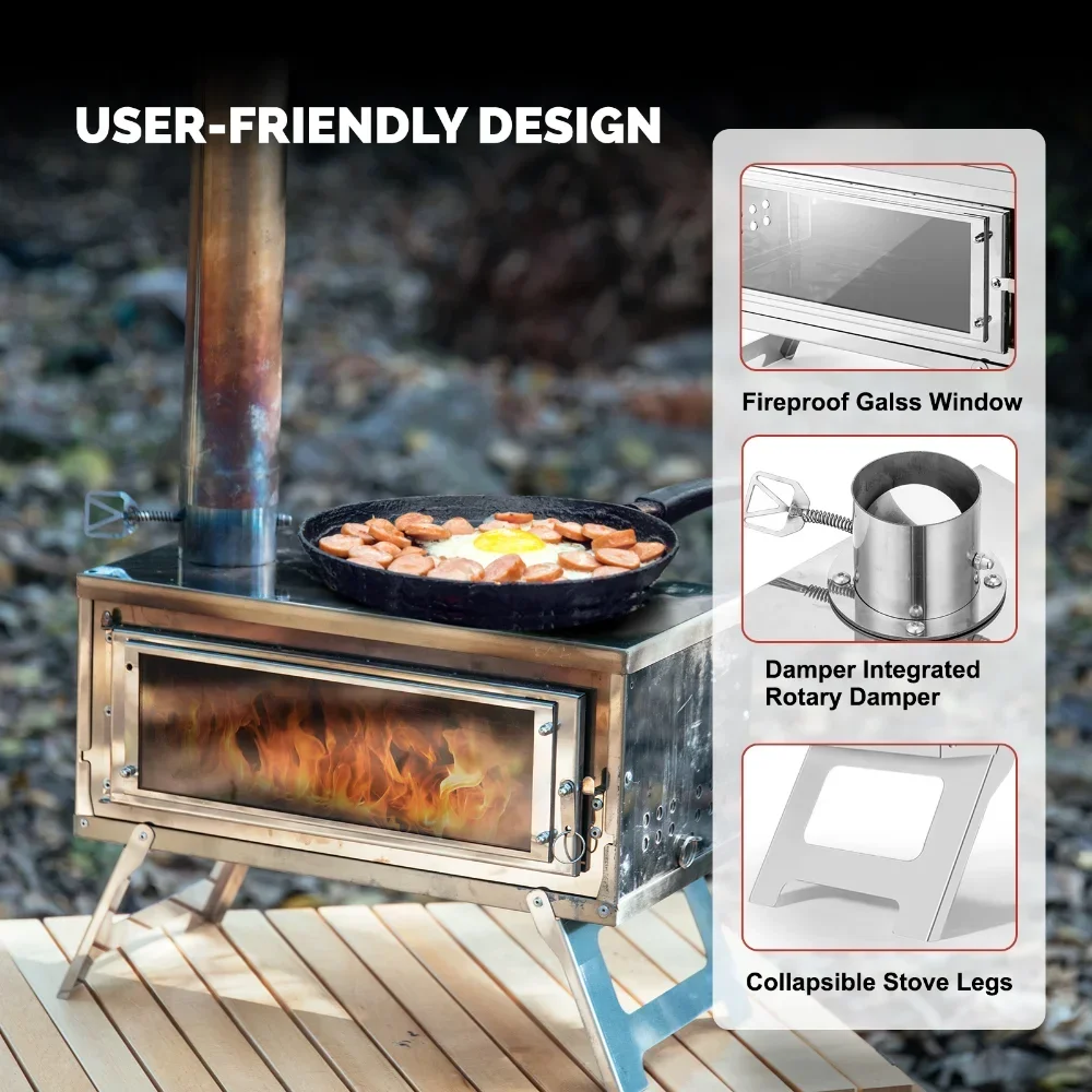 Wood Stove Secondary Combustion Assembly Compact Heat Resistant Glass Window with Chimney Outdoor Camping Stove