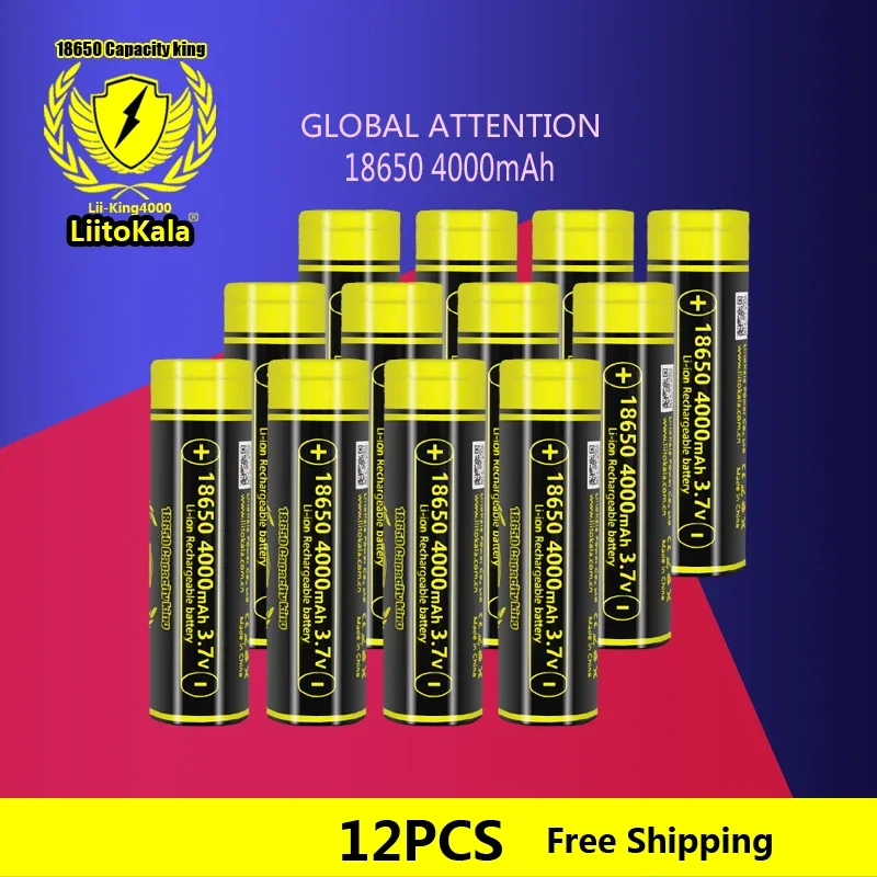 

12PCS LiitoKala 18650 4000mah 3.7V High Discharge 18650 Battery 12A Rechargeable High Drain Battery Or Box Mod Flashlight