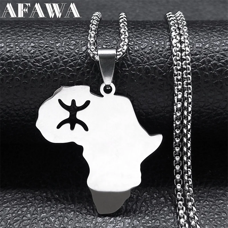 African Map Berber Amazigh Collane Per Donna Uomo Acciaio Inossidabile Colore Argento Africa Collana Gioielli Kabyle Berbere N8087S02