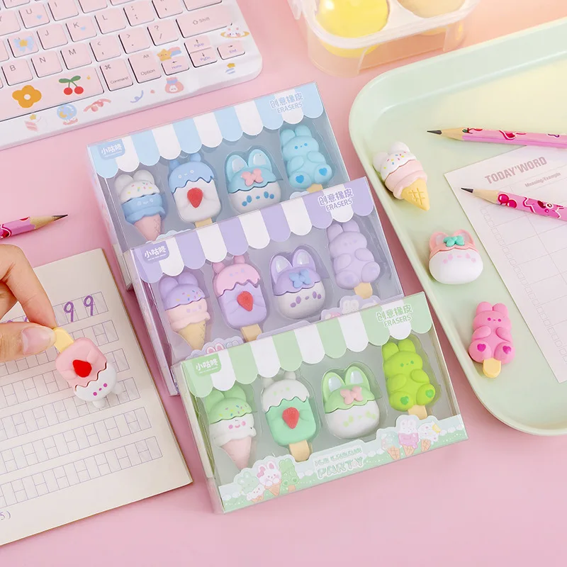 2 set/lot Cartoon Animals Shaped ICe Cream Rubber Eraser pencil eraser plasticine eraser biscuit eraser kneadable eraser retractable eraser School Supplies Stationery Kids Students Cool Prizes