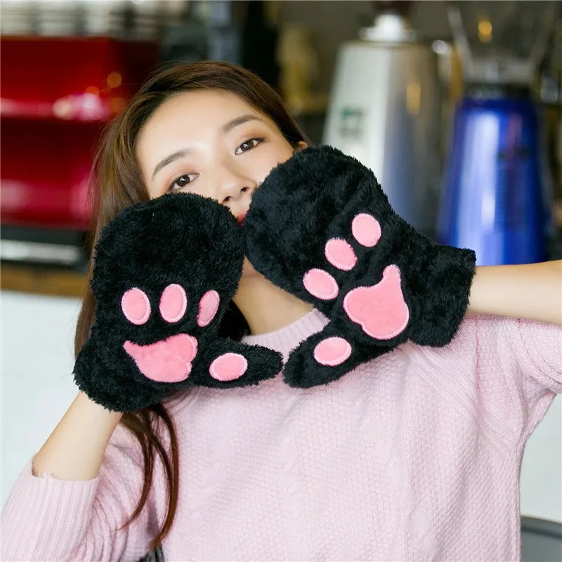Cute Cat Claw Paw Gloves Womens Cartoon Full-Finger And Fingerless Thicken Mittens Winter Warm Soft Plush Cat Gloves Girls