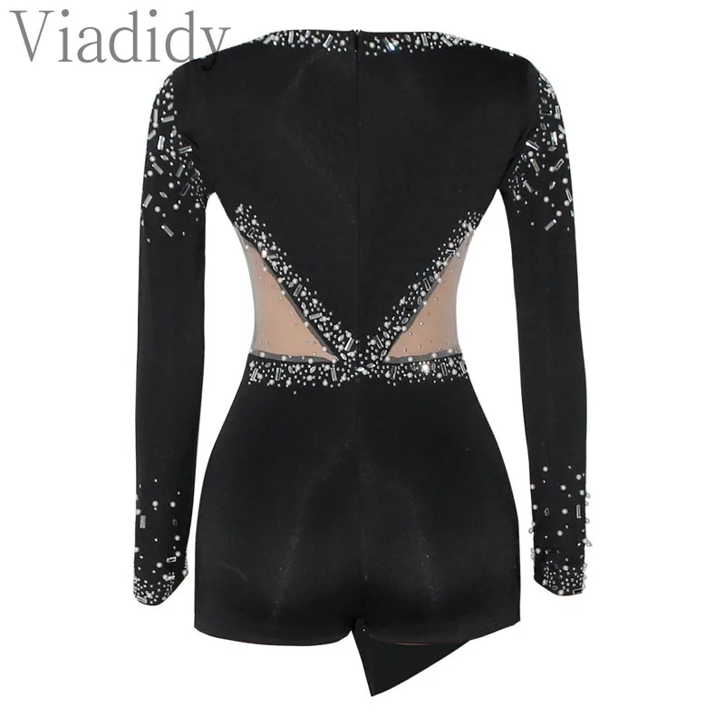 Women Sexy V-Neck Rhinestone Mesh Patchowrk Long Sleeve Skinny Rompers