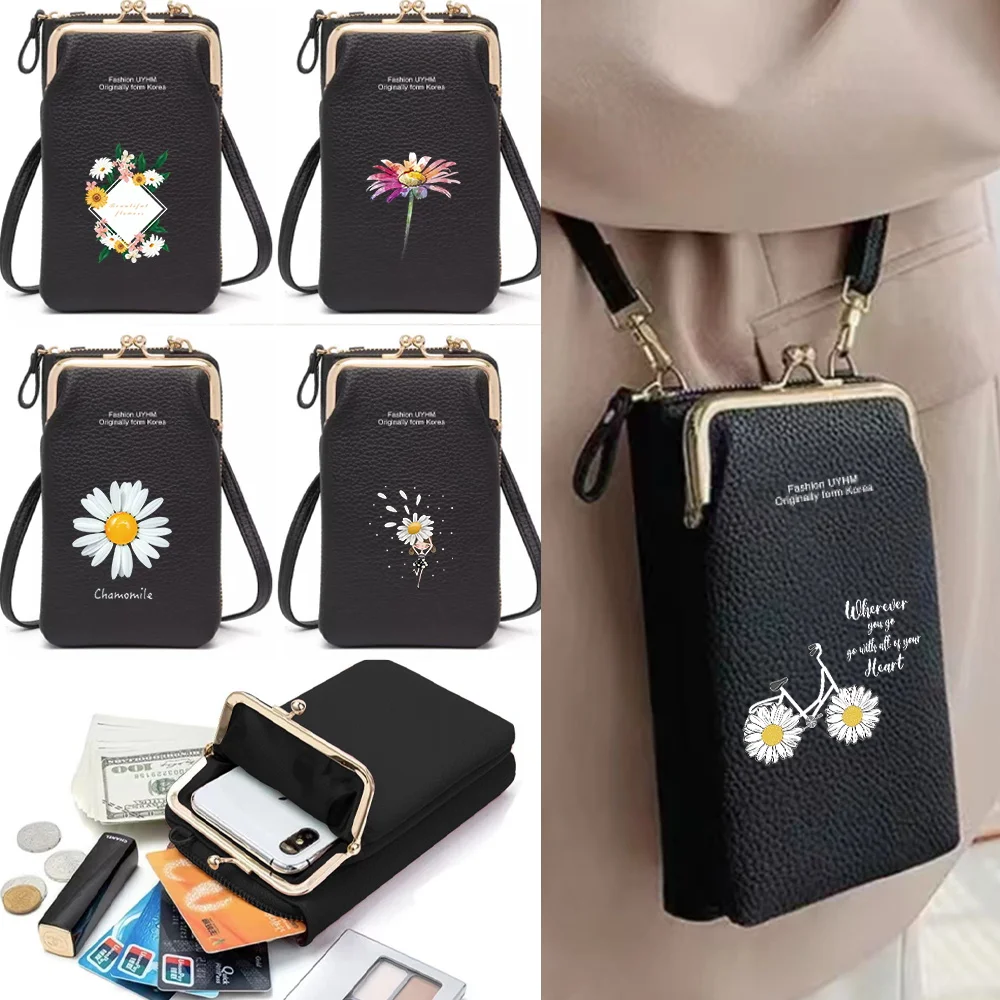 Women Mobile Phone Shoulder Bags Messenger Bag Leather Crossbody Wallet Ladies Small Card Holder Coin Purse Daisy Series Print