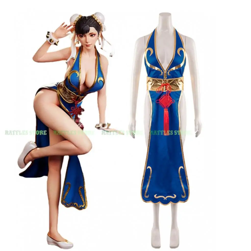 

Chun Li Cosplay Dress Sexy Women Qipao Costume Game SF RolePlay Hanging Neck Dress ChunLi Outfit Perform Halloween Party Suit